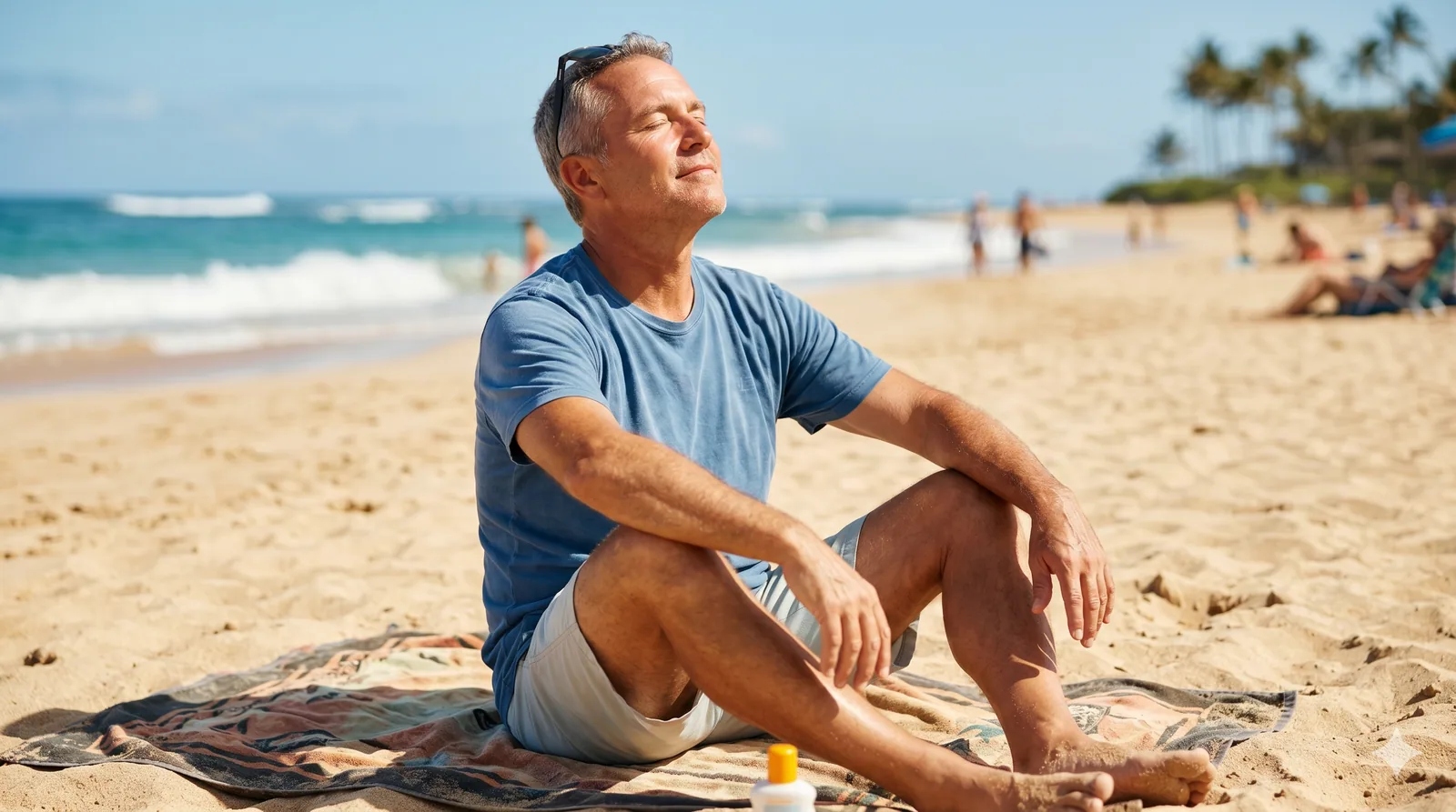 Hombre sentado en la playa con el rostro hacia el sol junto a un protector solar