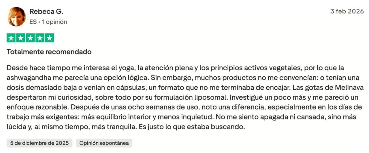 Opinión de cliente sobre la ashwagandha de Melinava