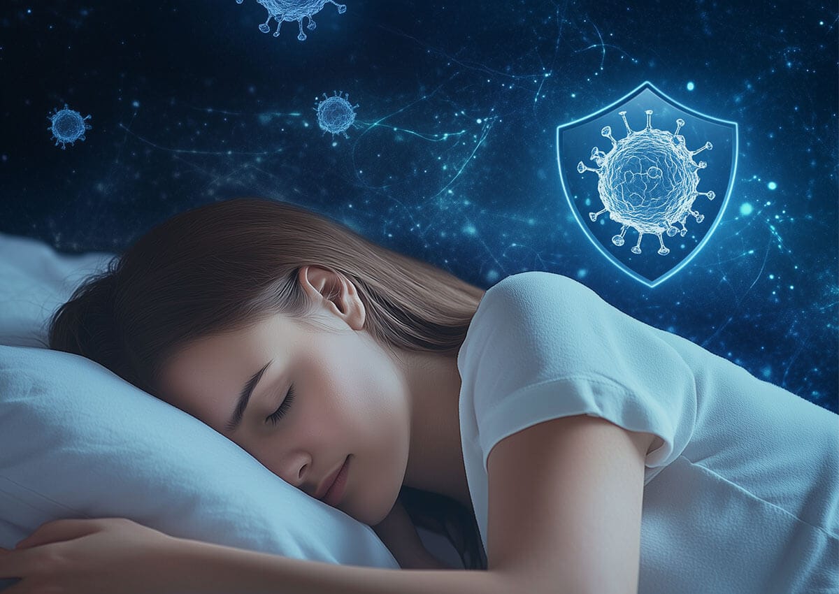 Mujer durmiendo junto a un escudo con un virus como símbolo del sistema inmunitario