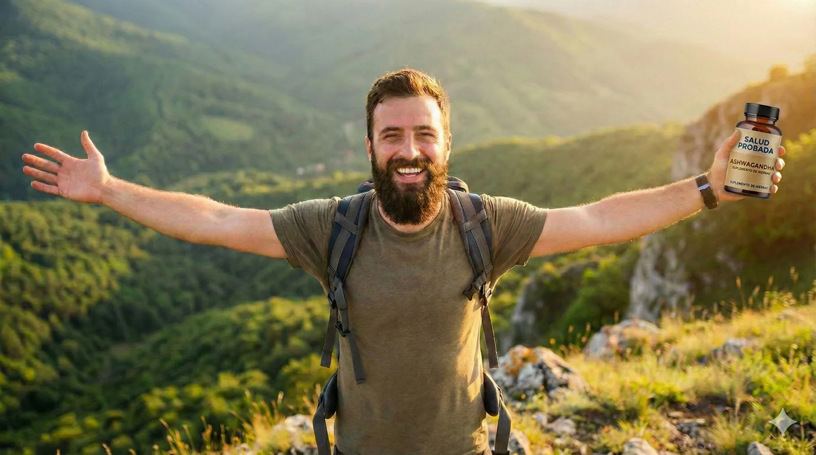 Hombre con mochila en la montaña sostiene un bote de ashwagandha