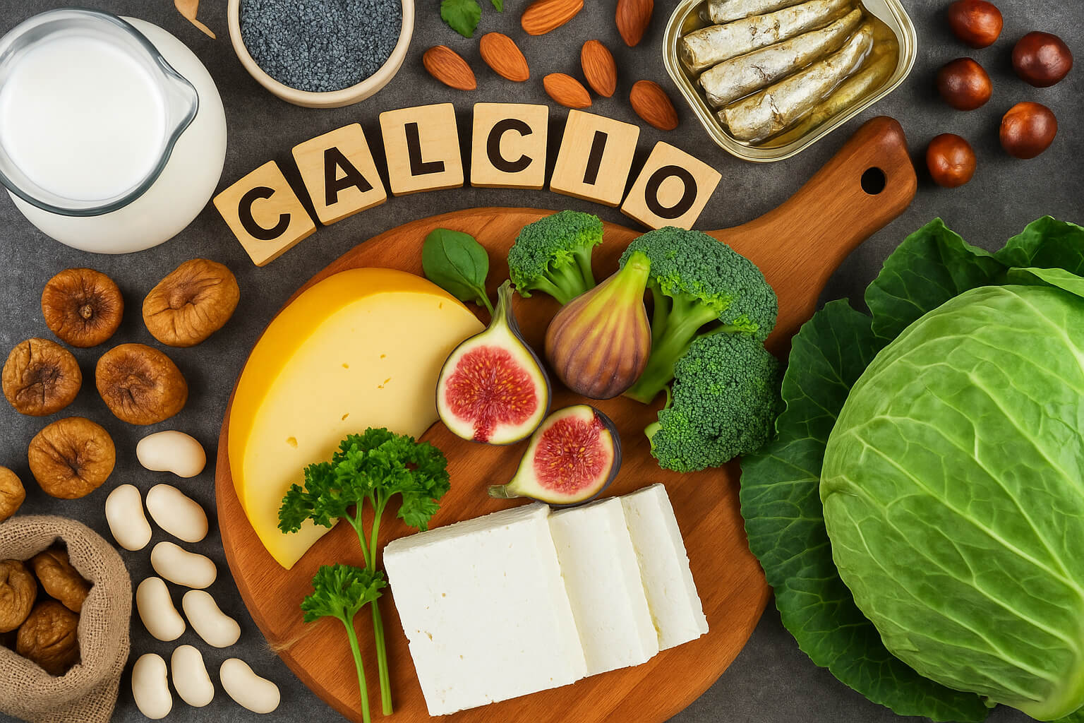 Alimentos ricos en calcio como leche, queso, brócoli, col, almendras y sardinas