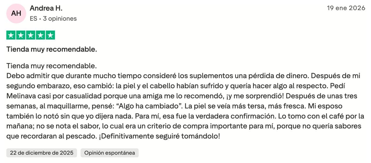 Opinión de cliente sobre el colágeno de Melinava