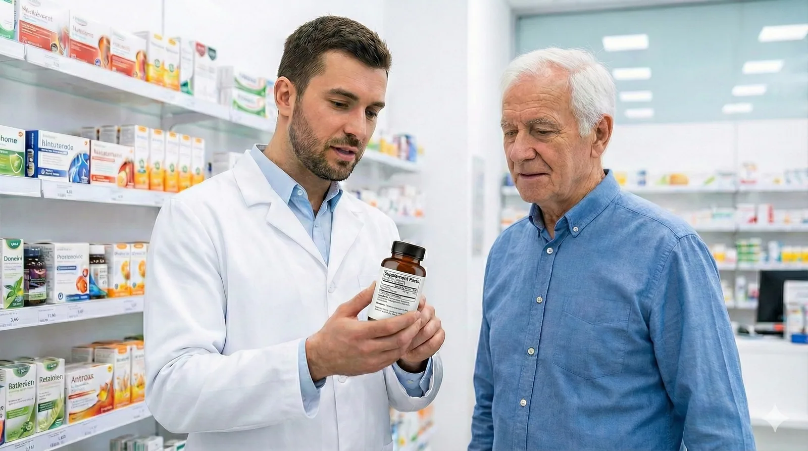 Farmacéutico muestra un bote de suplemento a un hombre mayor en la farmacia