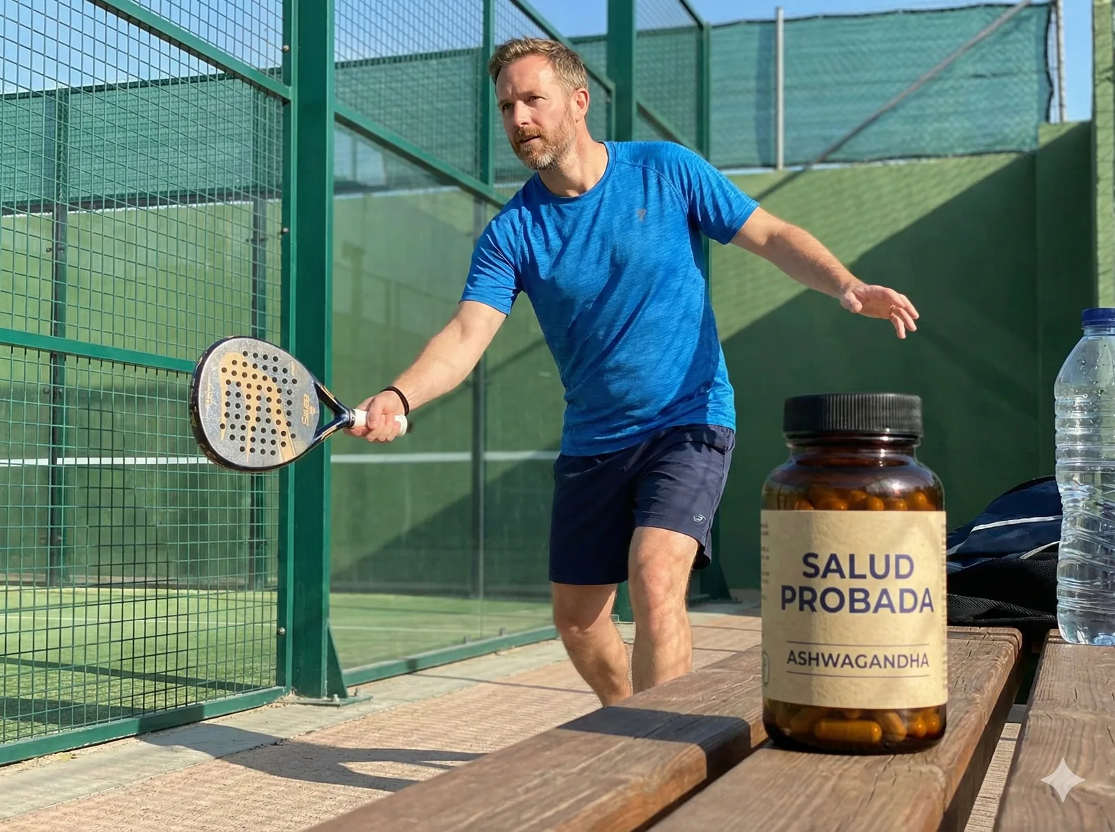 Hombre juega al pádel junto a un bote de cápsulas de ashwagandha