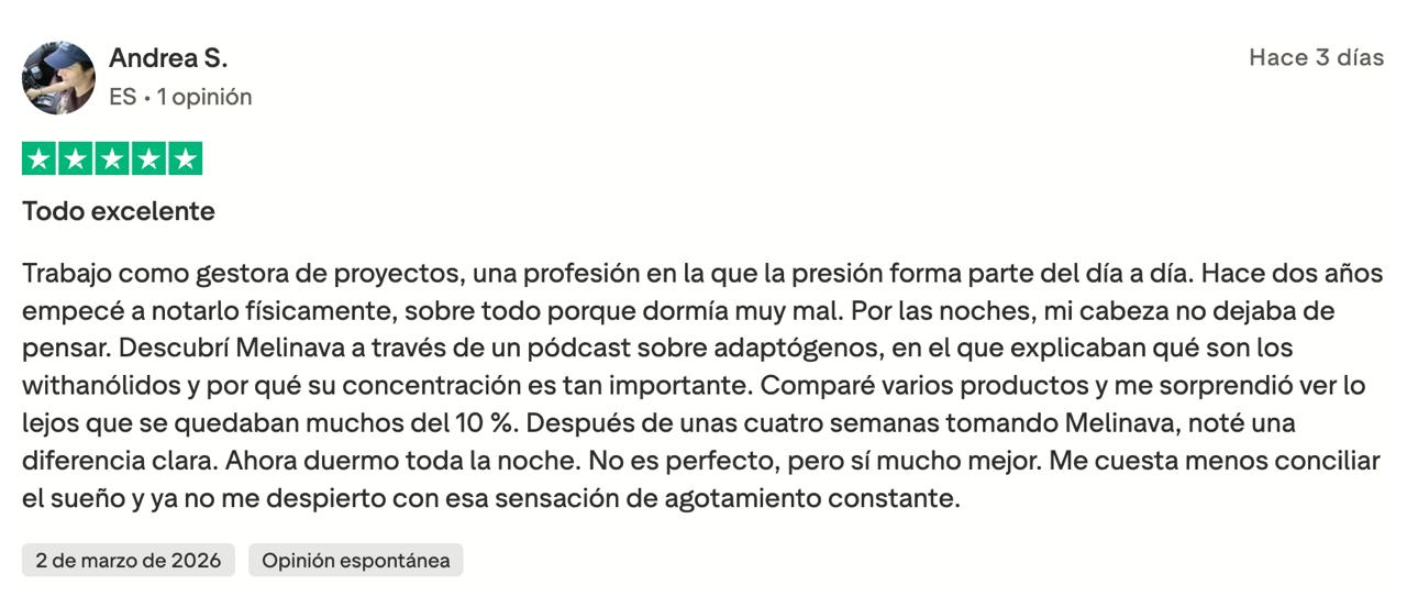 Opinión de cliente sobre la ashwagandha de Melinava