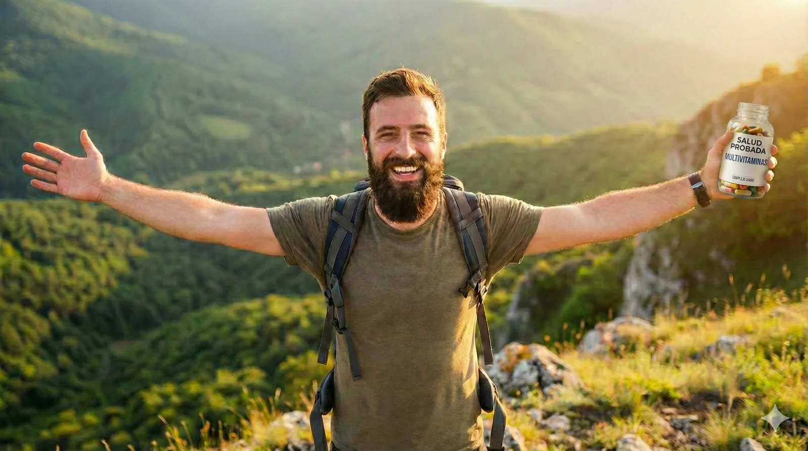 Hombre con mochila en la montaña sostiene un bote de multivitaminas