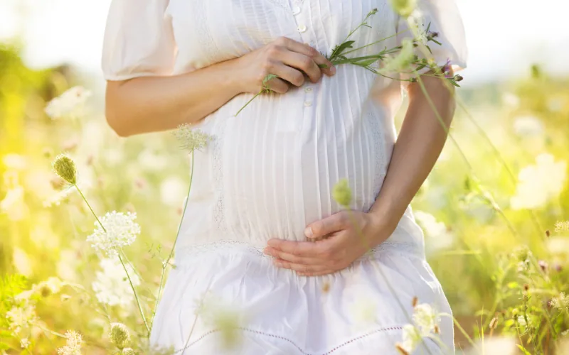 Mujer embarazada con un vestido blanco en un prado florido