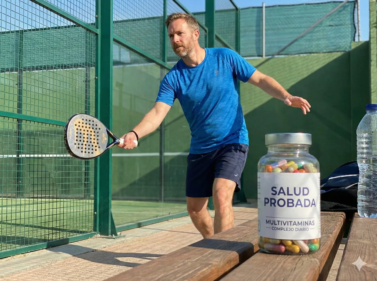 Hombre juega al pádel junto a un bote de multivitaminas