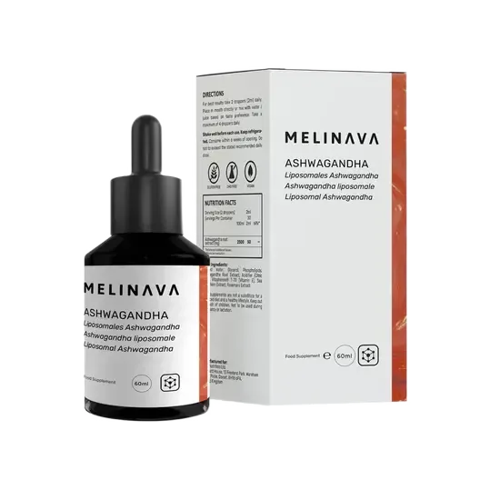 Melinava Ashwagandha Liposomal – frasco con cuentagotas y estuche