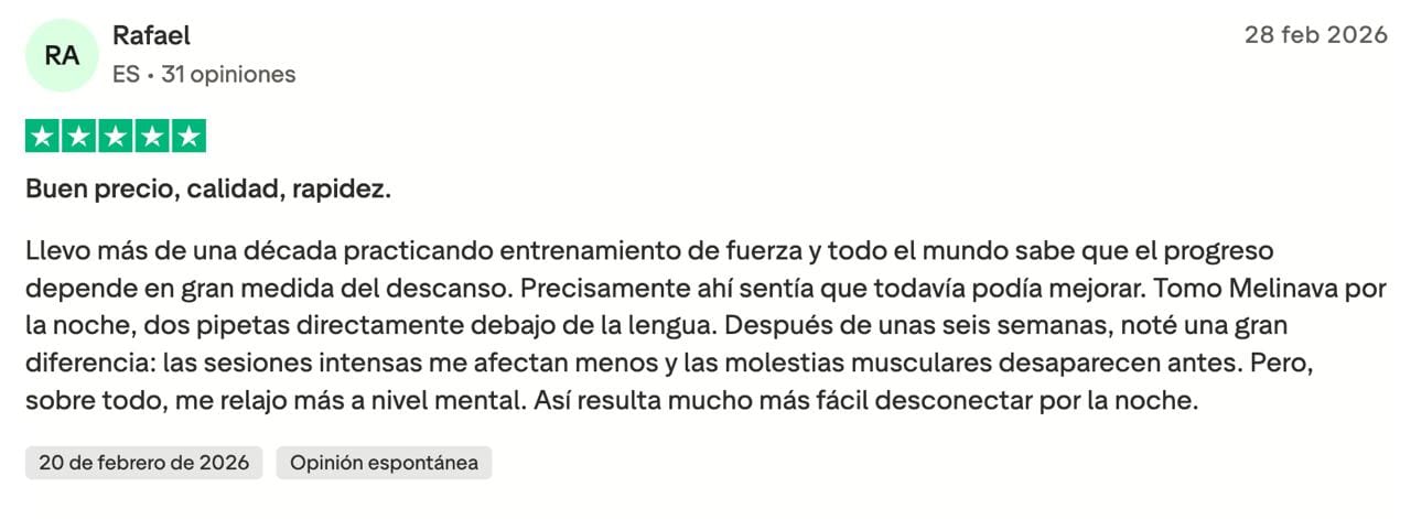 Opinión de cliente sobre la ashwagandha de Melinava