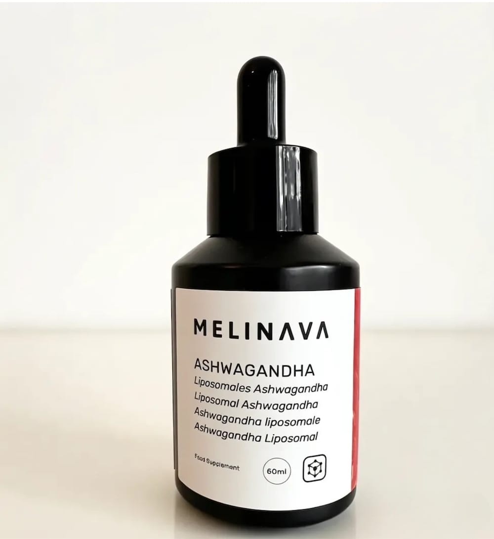 Frasco de Melinava Ashwagandha Liposomal con cuentagotas