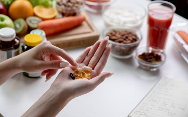 Cápsulas en la mano sobre una mesa con fruta, frutos secos y verduras