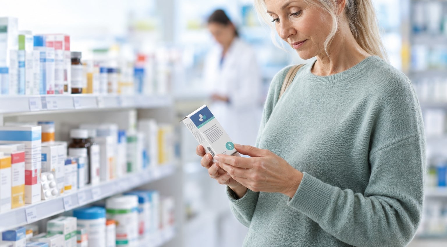 Una mujer observa el envase de un complemento en la estantería de una farmacia