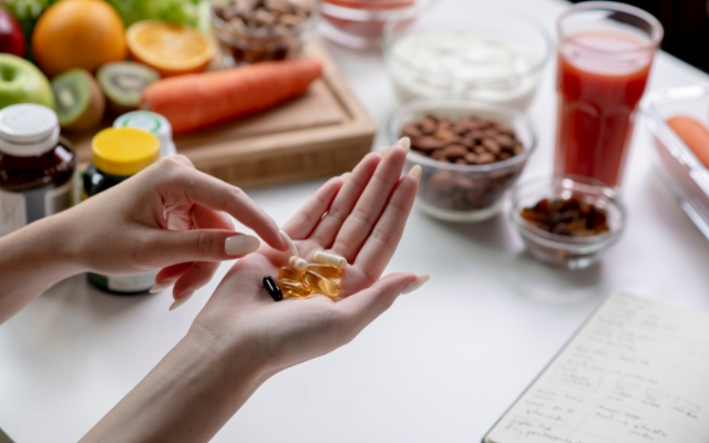 Unas manos sostienen unas cápsulas sobre una mesa con fruta y frutos secos
