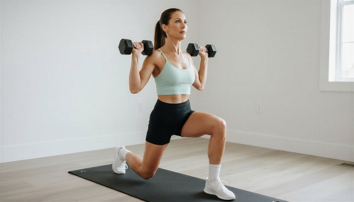 Mujer de mediana edad entrenando con mancuernas