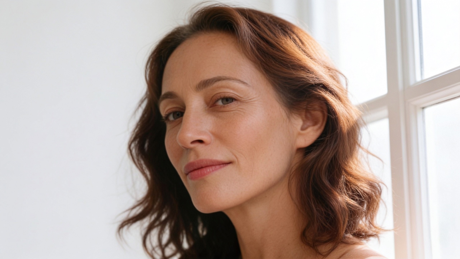 Retrato de una mujer de mediana edad con luz natural junto a la ventana